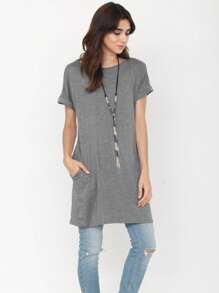 Boho Retro Rayon Cool Soft Summer Cuff Short Sleeve Crew Neck T Shirt Mini Dress Tunic With Pockets - 深灰色 - 查看 3