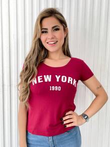 Women's Baby Look New York Print Short Sleeve Blouse - 紅色 - 查看 1