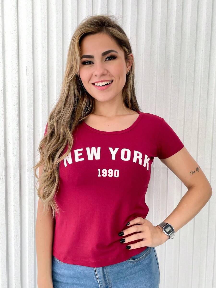 Women's Baby Look New York Print Short Sleeve Blouse - 紅色 - 查看 1