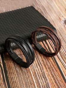 1pc Men's Multi-Layer Braided PU Leather Bracelet, Multilayer Design Suitable For Stacking, Sophisticated Casual Accessory, Punk Style, Perfect Gift For Him, Fashionable Accessory For Any Occasion - PU Four-layer Leather Bracelet - View 6