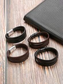 1pc Men's Multi-Layer Braided PU Leather Bracelet, Multilayer Design Suitable For Stacking, Sophisticated Casual Accessory, Punk Style, Perfect Gift For Him, Fashionable Accessory For Any Occasion - PU Four-layer Leather Bracelet - View 5