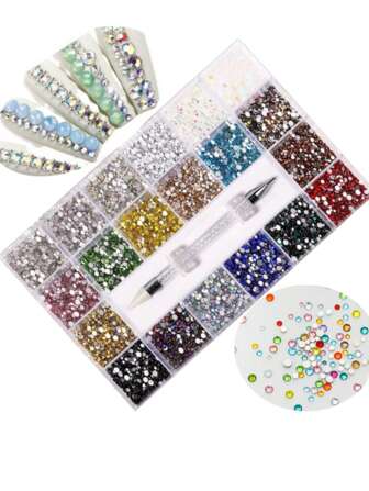 Caja de regalo de 21 rejillas de lujo con rhinestones para uñas - Kit portátil de decoración de uñas con herramientas esenciales, gemas de arte de uñas de colores variados para uso en el hogar y viajes