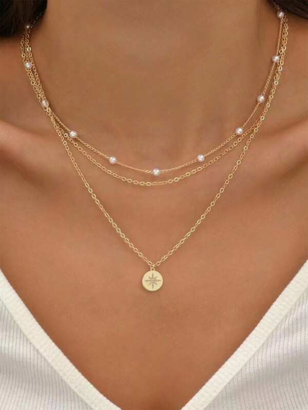 3pcs Set: Fashionable Layered Copper Circle Pendant Necklace With Cubic Zirconia & Faux Pearl, Suitable For Women's Daily & Vacation Wear (Bead Quantity Random)