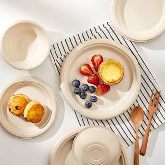 一次性碗和餐具套装 - 可堆肥的甘蔗渣盘子和纸质材料，适用于汤、辣椒、沙拉、甜点、小吃 - 非常适合野餐和派对