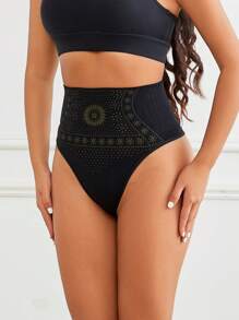 FLARIXA 女士无缝高腰丁字裤印花收腹内裤双层塑身内衣 - 黑色 - 查看 6