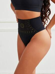 FLARIXA 女士无缝高腰丁字裤印花收腹内裤双层塑身内衣 - 黑色 - 查看 3