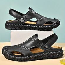 Men's First-Layer Cowhide Upper Near-Toe Breathable Sandals, Comfortable Non-Slip Rubber Soles And Durable Beach Water Shoes, Men's Beach Sandals - 黑色 - 查看 3