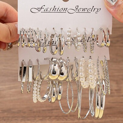 1-24pcs/Set European & American Fashion Round Pearl Hoop Earring Assorted Set