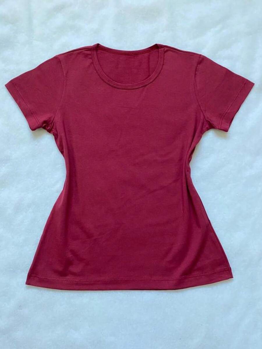 Basic Plain Women's T-Shirt Baby Look 100% Cotton Blouse - Màu Đỏ Sâu - Xem 1