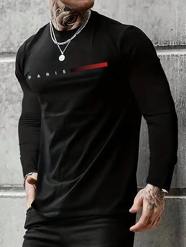 Camiseta de manga larga con estampado de letra casual de talla grande para hombre, primavera y otoño