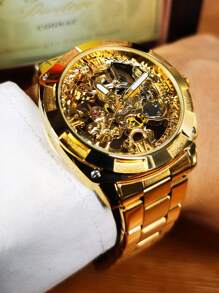 FORSINING 1pc Men Luxury Retro Gold Square Transparent Skeleton Automatic Mechanical Watches Luminous Hands Stainless Steel Strap Business Casual Men Watch Festival Birthday Gifts