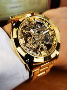 FORSINING 1pc Men Luxury Retro Gold Square Transparent Skeleton Automatic Mechanical Watches Luminous Hands Stainless Steel Strap Business Casual Men Watch Festival Birthday Gifts