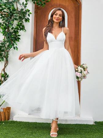 YUMIBRAVO Djup V-ringad brudklänning i satin med nätband, vit elegant brudklänning, brud