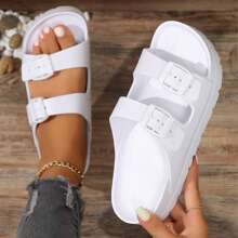 Womens Adjustable Double Buckle Sandals Fashion Waterproof Beach Slide Comfortable EVA Flat Shoes - trắng - Xem 1