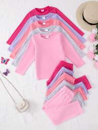 10pcs/Set Young Girl Casual Solid Color Lightweight Soft Knit Fabric Long Sleeve T-Shirt And Pants Sets