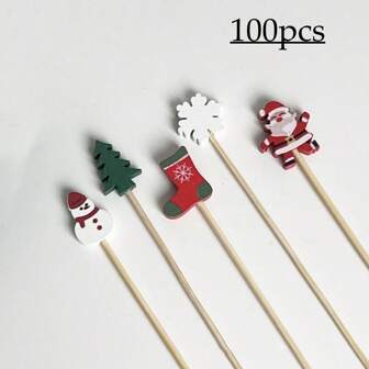 100 件木制圣诞竹签、水果签、烘焙装饰、派对用品家居装饰