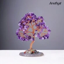 1PC Natural Crystal Lucky Tree Copper Wire Winding Colorful Gravel With Agate Slice Base Home Decoration Money Trees