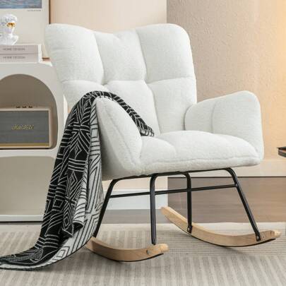 Modern Rocking Chair, Teddy Upholstered Rocker Recliner Chair With High Backrest, Comfy Glider Chair With Solid Wood Base, Padded Recliner Chair, Accent Chair For Bedroom