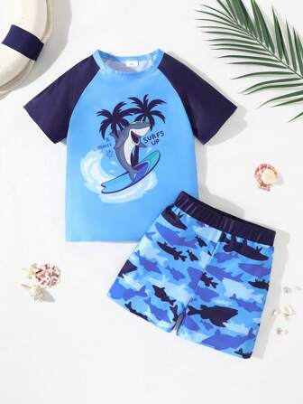 2pcs Kids Swimsuit, Young Boy Swimming Trunks And Shorts Beachwear Set