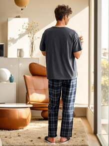 男士纯色短袖上衣和裤子睡衣套装，圆领休闲睡衣