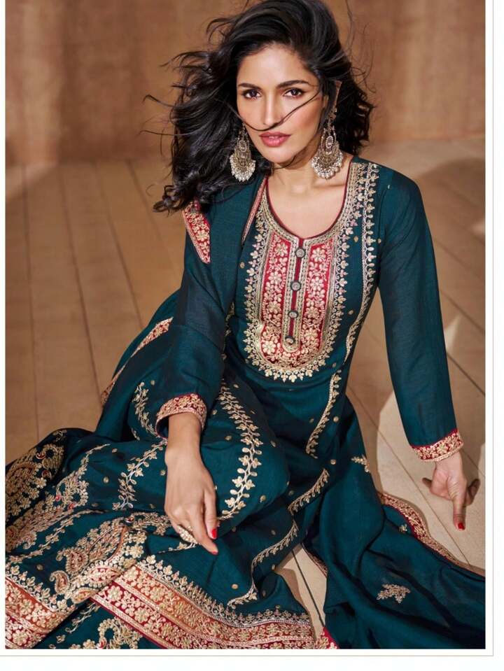 Pakistan Designer Teal Premium Silk Readymade Palazzo Salwar Kameez Suit  For Women | SHEIN USA