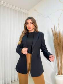 Max Length Linen Blazer/XK046 - 黑色 - 查看 3