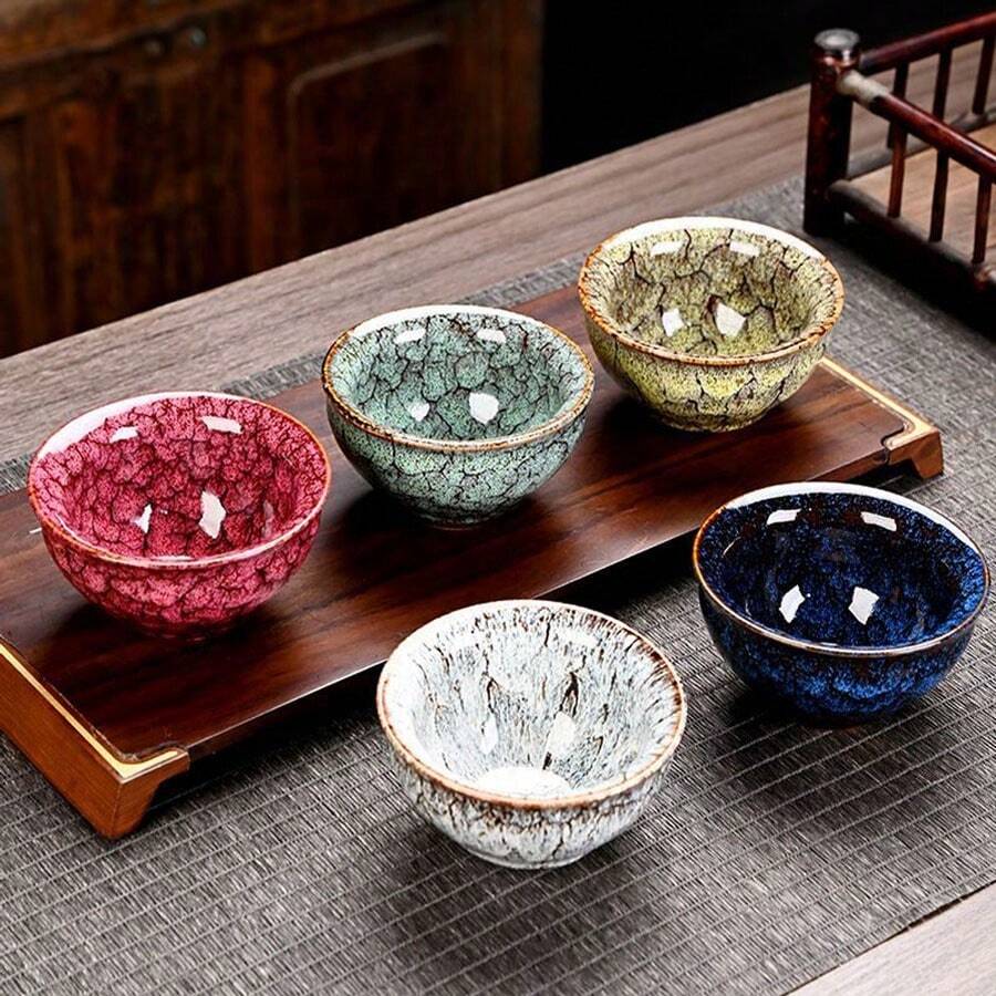 1pc/5pcs Kiln-Fired Five Elements Teacup, Gongfu Tea Cup Set, Ceramic Teacup Casual Kiln-Fired Tea Cup, Tea Bowl Set, Household Gifts Jian Zhan Five Elements Cup - Multicolor - View 1