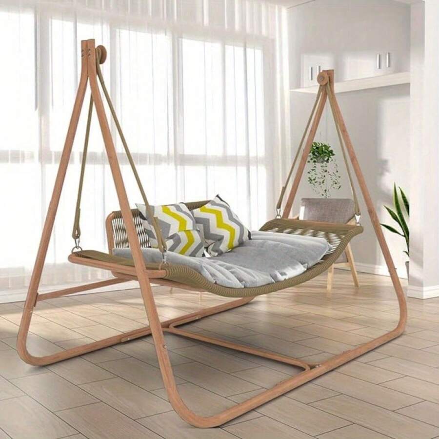 Hammock Swing Chair With Stand For Indoor, Outdoor, Anti-Rust Wood-Colored Frame 570 Lbs Capacity With Cushion Oversized Double Hammock Chair For Patio Balcony Bedroom - Biến thể 1 - Xem 1