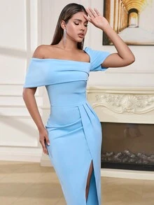 1pc Asymmetrical Off Shoulder Ruched Slit Thigh Length Dress - Blue - View 6