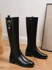 配毛衣女时尚靴子2023秋冬新款一扣英伦靴粗跟百搭短靴双防水台高跟厚底女鞋 - 黑色 - 查看 6