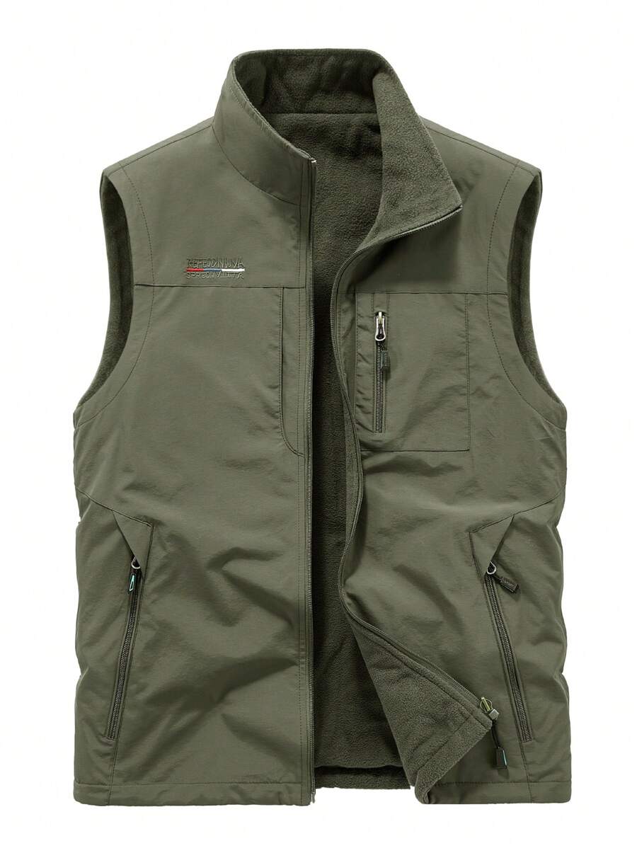 2024 Novos Homens Casual Caminhadas Ao Ar Livre À Prova D'Água Multi-Bolso Colete Reversível Cor Sólida Jaqueta Leve - Verde de Exercício - Ver 1