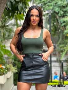 Fashion Women's Short Button Leather Skirt - màu đen - Xem 1