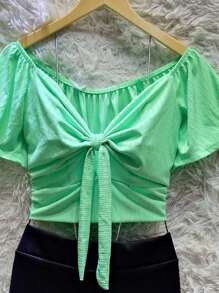 CROPED PLUS SIZE MESH WITH REMOVABLE BOW DETAIL LINED WITHOUT BULGE. - Màu xanh Bạc hà - Xem 1