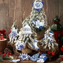 10/20 Stück Holz Weihnachtsdekoration, blau & weiß Porzellan Hängedekoration - Vögel, Bäume, Schneeflocken, Hirsche, für Weihnachtsbaum, Heim- und Raumdekoration im Winter