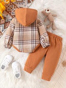 2pcs/Set Baby Boys Color Block Hooded Plaid Long Sleeve Bodysuit + Ripped Long Pants - Brown - View 3