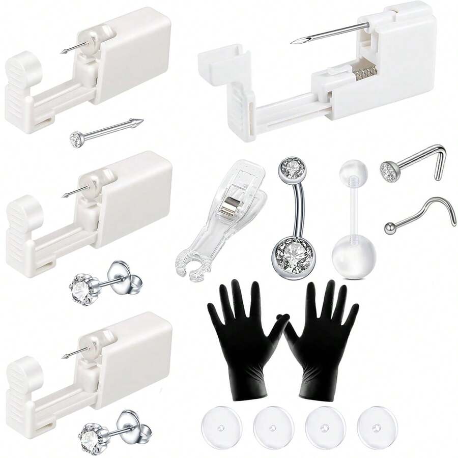 15pcs/Sets Ear Piercing Kit Nose Piercing Kit Belly Button Piercing Kit,Self Body Piercing Kit Sets At Home - White - View 1