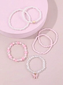 6 件套儿童可爱珍珠心形、蝴蝶串珠手链首饰套装 - 蝴蝶 - 查看 6