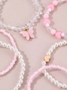 6 件套儿童可爱珍珠心形、蝴蝶串珠手链首饰套装 - 蝴蝶 - 查看 8