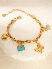 Mazuer 1 件复古镀金时尚空心圆圈、心形、蝴蝶和水钻多层手链，适合夏季海滩、日常穿着、派对、节日、毕业典礼、教师节、返校礼物 - 金黃色 - 查看 7