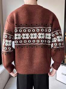 Pulover bărbătesc vintage la modă, tricotat jacquard, pulover casual streetwear, confortabil cu guler rotund, pentru primăvară, toamnă și iarnă - Maro - Vizualizare 3