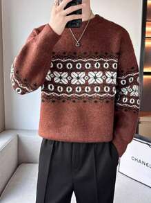 Pulover bărbătesc vintage la modă, tricotat jacquard, pulover casual streetwear, confortabil cu guler rotund, pentru primăvară, toamnă și iarnă - Maro - Vizualizare 2