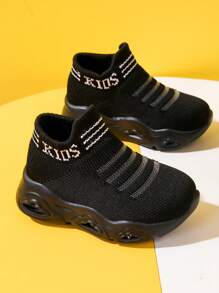 儿童高帮运动鞋，新款透气网眼面料，舒适防滑，时尚发光鞋，黑色易于清洁，轻便一脚蹬，适合男孩和女孩 - 黑色 - 查看 1