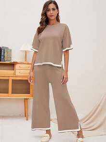 Conjuntos de dos piezas para mujer, que incluyen una blusa de manga corta y pantalones casuales de pierna ancha; conjuntos de dos piezas de pantalones deportivos de manga corta de color sólido, que incluyen una camiseta y pantalones de manga larga; conjuntos de camiseta y pantalones con dobladillo acanalado para mujer, adecuados para diversas ocasiones. - Caqui - Ver 3