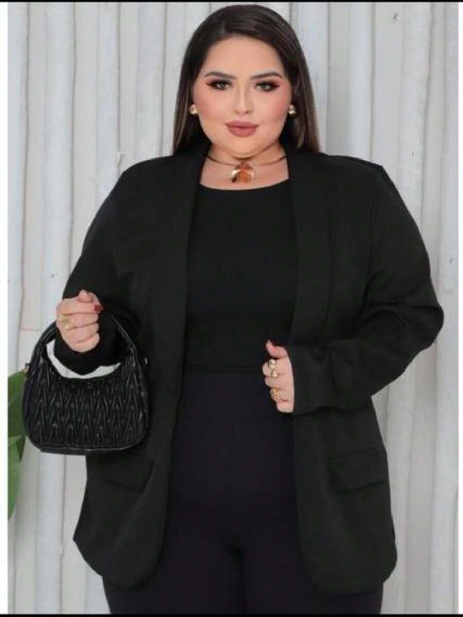 Blazer Max Feminino Tailoring Plus Size Open Front Social Coat Elegant Suit - 黑色 - 查看 1