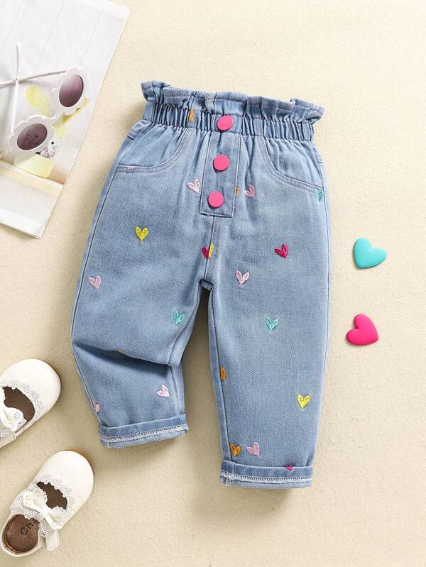 New Asymmetrical Heart Embroidered Casual Daily Versatile Denim Pants For Baby Girls