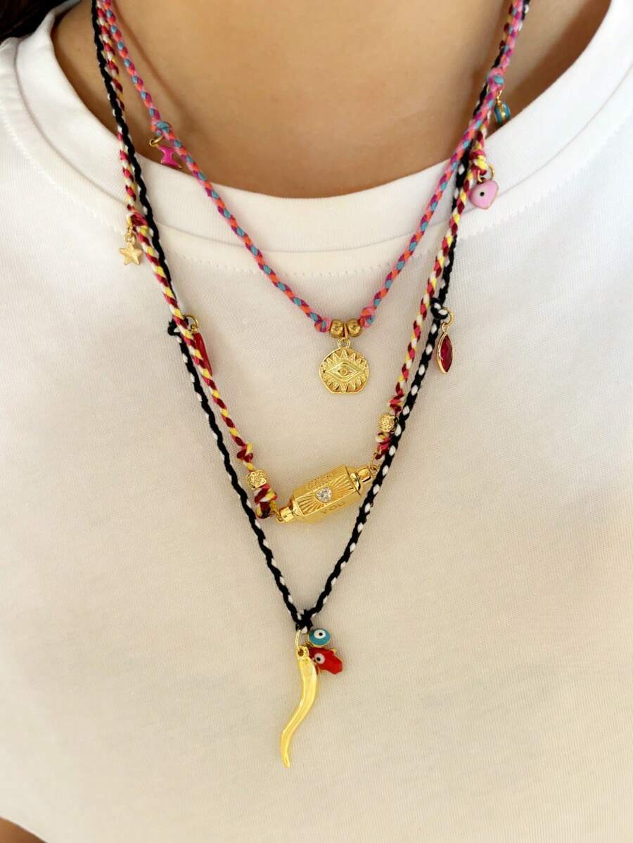 1 件波西米亚彩色绳,辣椒,眼睛,六角圆柱吊坠项链,适合女士,海滩度假配饰 - 彩色 - 查看 1