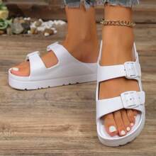 Womens Adjustable Double Buckle Sandals Fashion Waterproof Beach Slide Comfortable EVA Flat Shoes - trắng - Xem 3