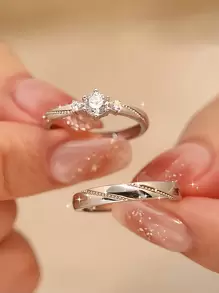 礼盒套装，情侣款2件套戒指套装，轻奢简约闪亮方晶锆石开口结婚戒指，适合订婚和结婚，情人节情侣礼物 - 精美禮盒包裝 - 查看 3