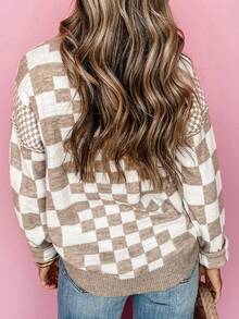 卡其色格纹印花落肩圆领毛衣 - 卡其色 - 查看 2