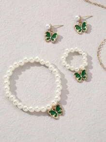 5件套女孩油滴蝴蝶珍珠串珠项链、手链、戒指、耳环首饰套装 - 綠色 - 查看 4